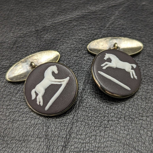 British Vintage Wedgwood Horse Relief Sterling Silver Cufflinks in Case